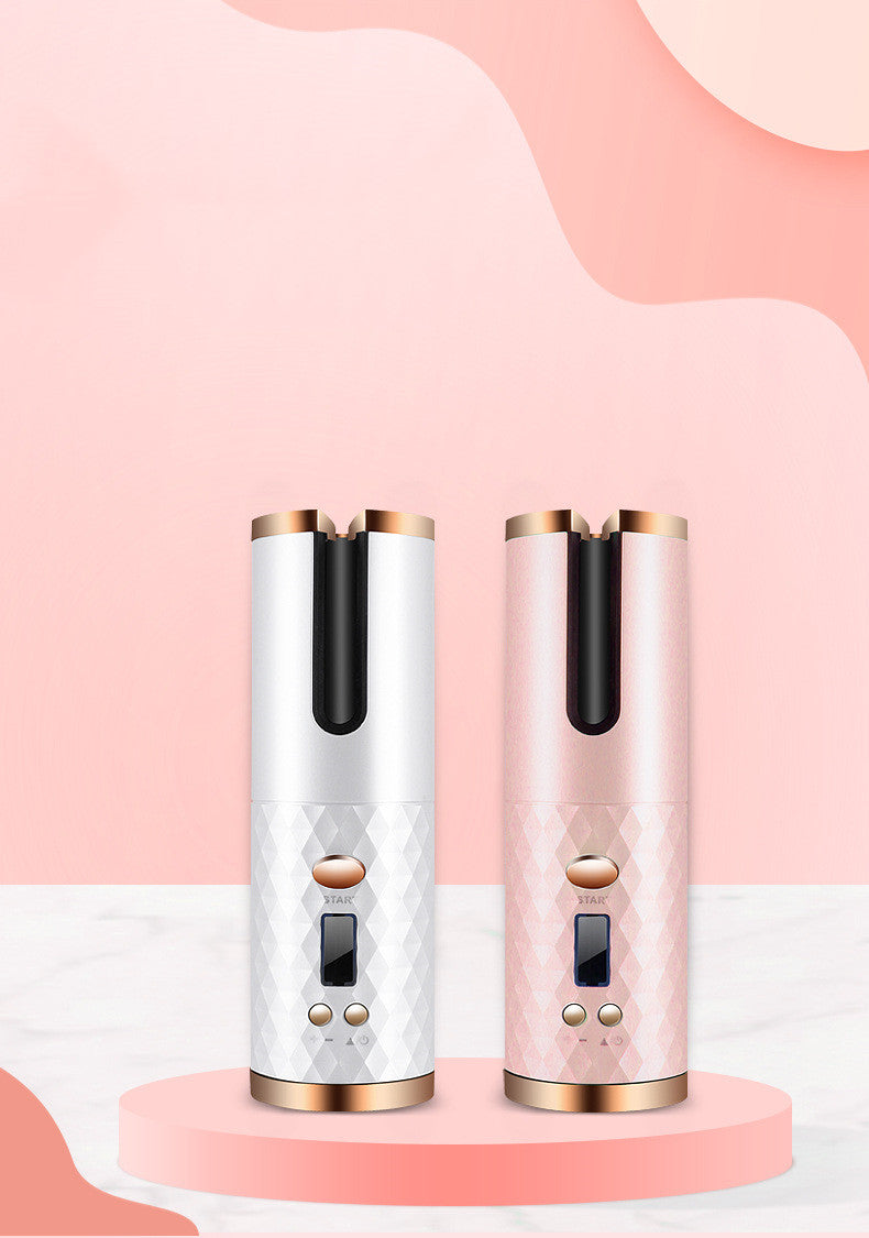 Rechargeable automatic hair curler with LCD display and ceramic barrel
