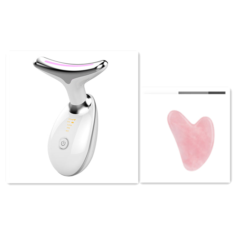 White Neck Lifting Skin Massager Device for Anti-Aging Benefits with ergonomic design and pink gua sha tool for facial contouring.