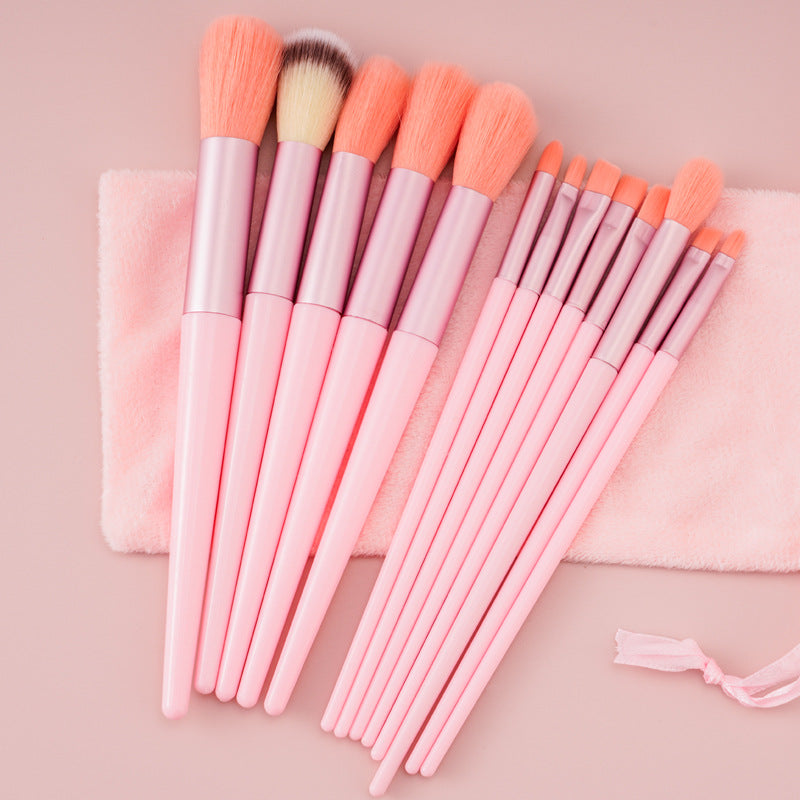 Pink 13Pcs Makeup Brush Set with soft synthetic bristles, includes foundation, blush, and eye brushes, paired with matching pink pouch on pastel background.