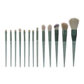 13Pcs green makeup brush set featuring tapered handles and various brush heads for foundation, blush, eyeshadow, and blending.