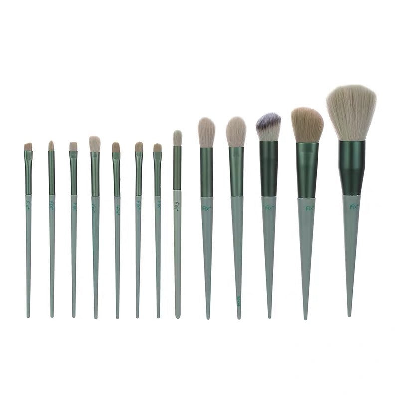 13Pcs green makeup brush set featuring tapered handles and various brush heads for foundation, blush, eyeshadow, and blending.