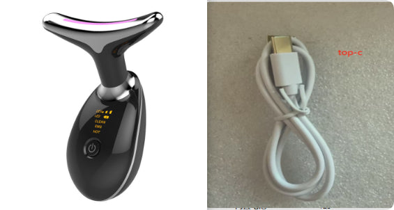 Black Neck Lifting Skin Massager Device for Anti-Aging Benefits shown with charging cable, ideal for deep pore cleansing and skin tightening.