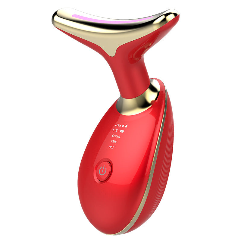 Red Neck Lifting Skin Massager Device featuring gold accents and LED settings for lifting, cleansing, and anti-aging benefits.