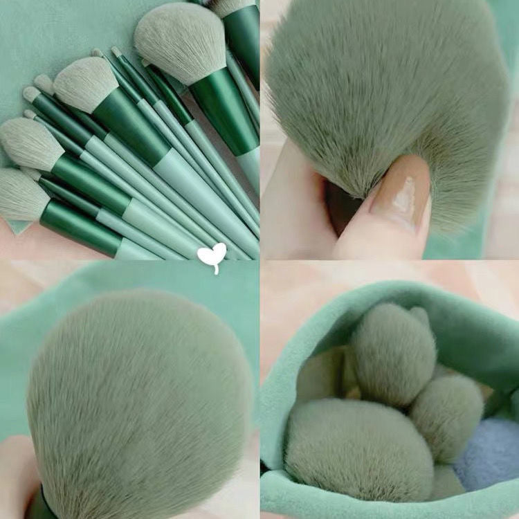 Detailed view of green 13Pcs Makeup Brush Set showing ultra-soft bristles and storage pouch, designed for smooth and gentle makeup use.