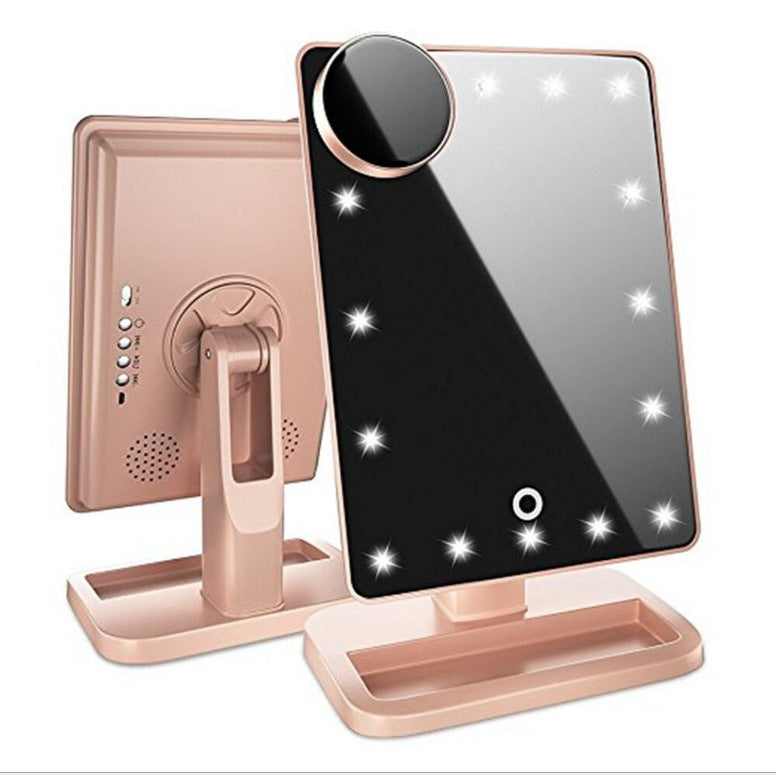 Touch screen LED makeup mirror with Bluetooth speaker and adjustable lighting