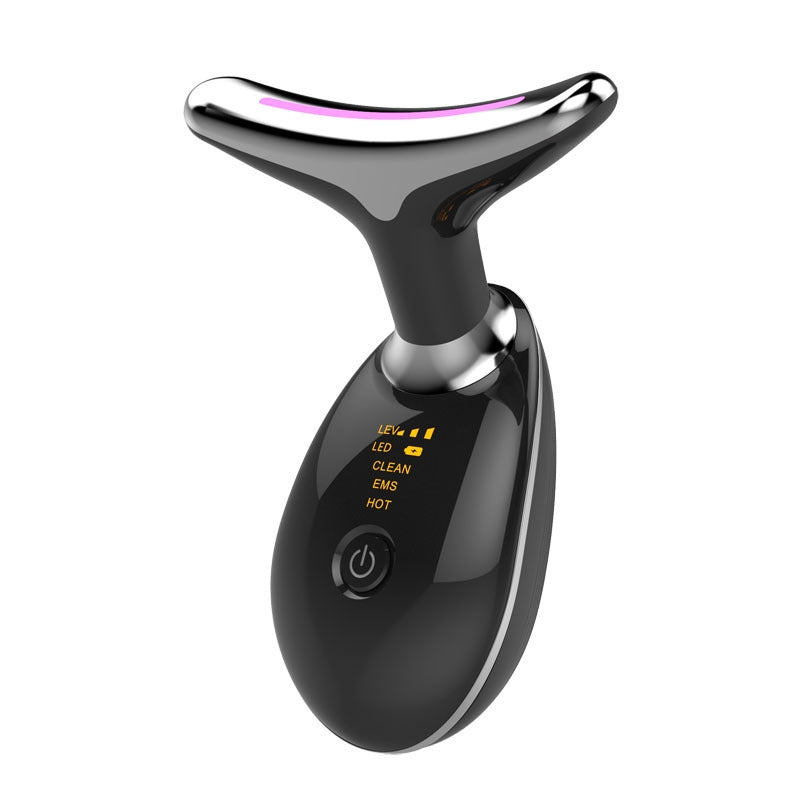 Black Neck Lifting Skin Massager Device for Anti-Aging Benefits featuring LED indicators and multifunctional settings for skincare therapy.