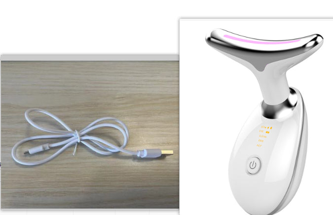 Neck Lifting Skin Massager Device for Anti-Aging Benefits in white with its USB charging cable, ideal for skincare and anti-aging routines.