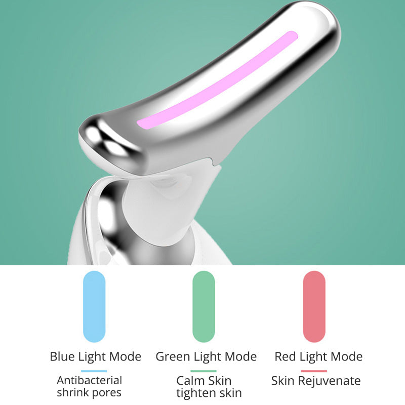 Neck Lifting Skin Massager Device showing blue, green, and red light modes for pore shrinking, skin tightening, and rejuvenation.