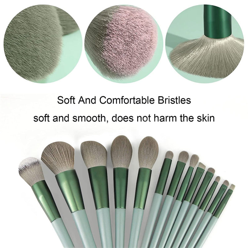 Close-up of 13Pcs Makeup Brush Set with green handles and soft bristles, showcasing variety of brushes for concealer, blush, and eyeshadow.