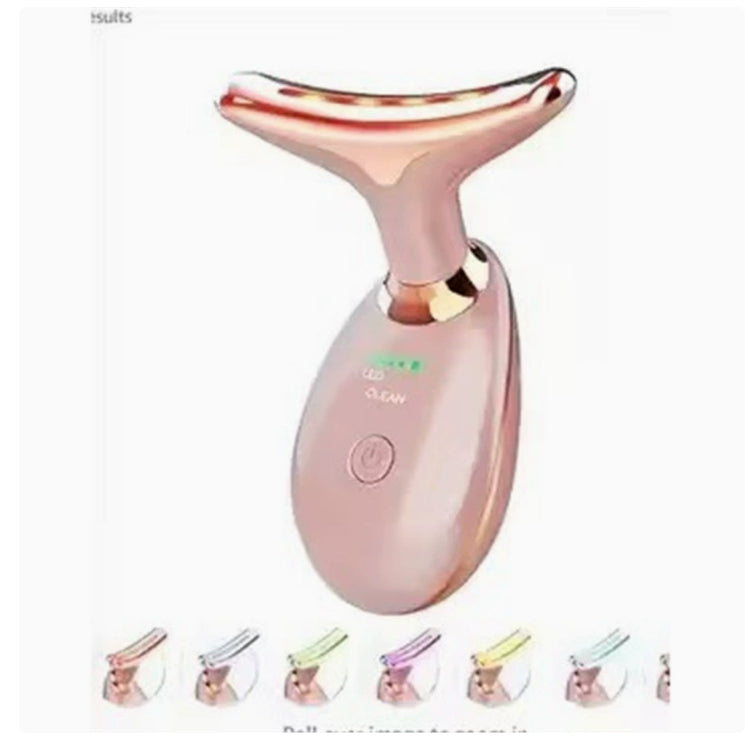 Rose gold Neck Lifting Skin Massager Device for Anti-Aging Benefits with LED light therapy and vibration for firming neck and jawline.