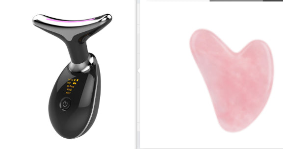 Black Neck Lifting Skin Massager Device for Anti-Aging Benefits featuring LED indicators and pink gua sha tool for skincare routines.