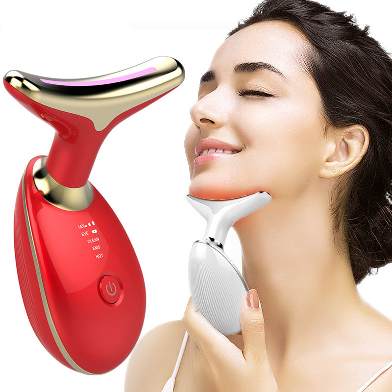 Woman using the Neck Lifting Skin Massager Device on face and neck to reduce wrinkles and improve skin elasticity with LED therapy.